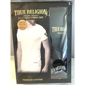True Religion V-neck Black Tees 3+1 Limited Edition Size L 100% Cotton NIB